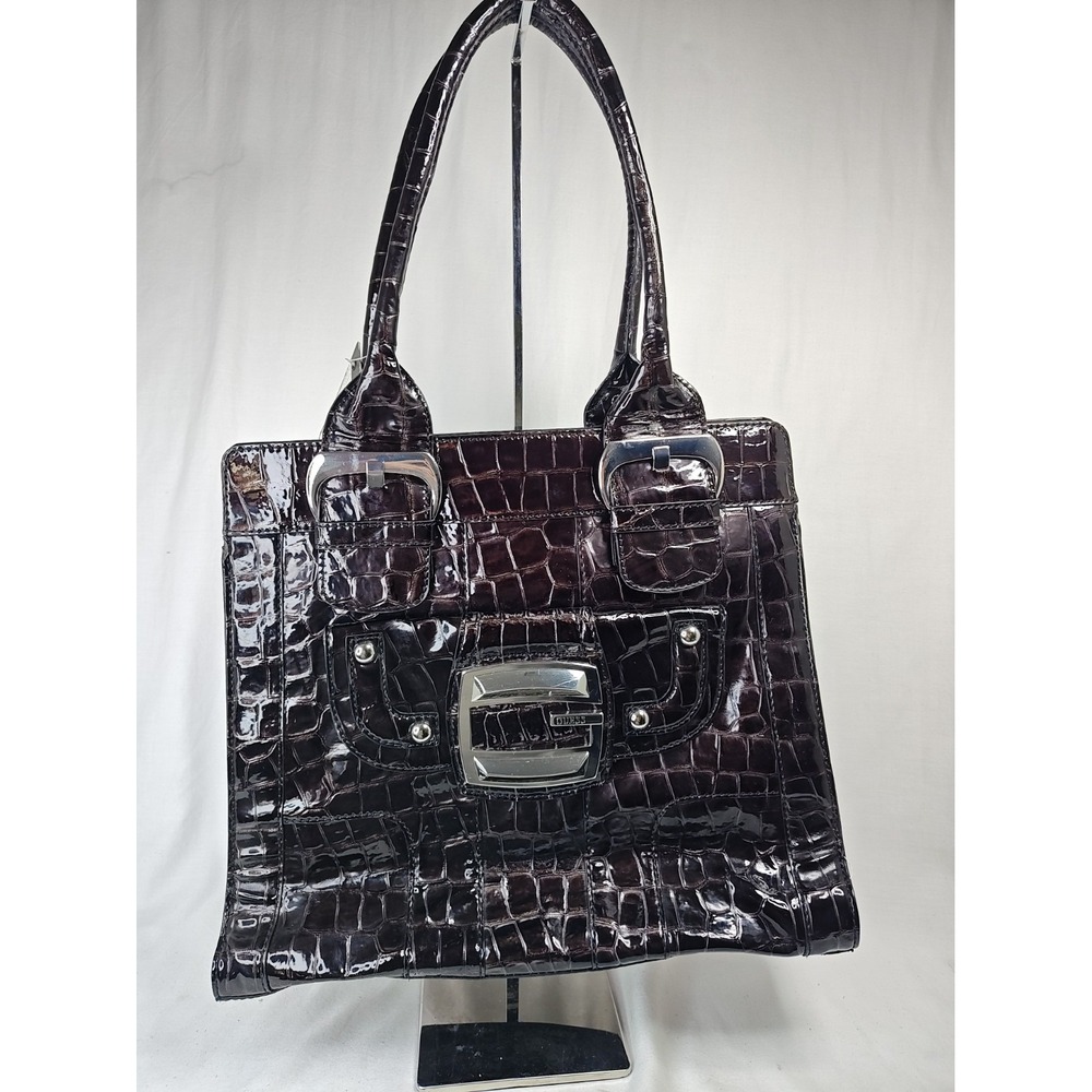 GUESS Leilani Shoulder Bag Black Croc Embossed Faux Patent Leather Tote CR240825